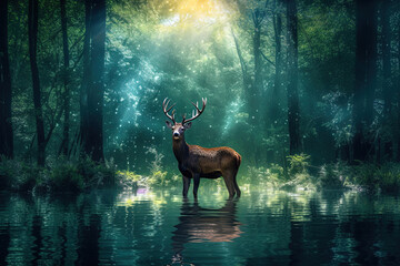 A magical fairy tale forest with deer. A mythical realm is like something out of a storybook