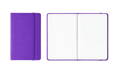 Purple closed and open lined notebooks isolated on transparent background
