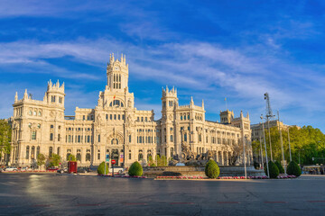 Madrid Spain, city skyline at Cibeles Fountain Town Square