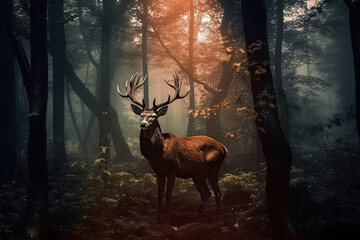 A magical fairy tale forest with deer. A mythical realm is like something out of a storybook