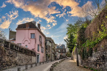 Paris France, sunrise city skyline at architecture building on Montmartre street
