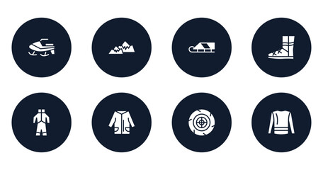 winter filled icons set. flat filled icons sheet included snowmobile, snowy mountain, sledge, winter boots, snowsuit, winter clothes, tire, turtleneck sweater vector.