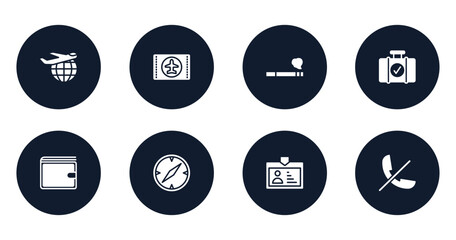 airport and travel filled icons set. flat filled icons sheet included international departures, airplane flight card, smoking, luggage checking, elegant wallet, compass with white face, pass card,