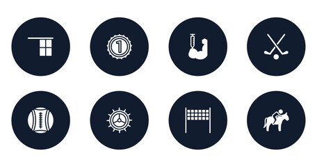 sports filled icons set. flat filled icons sheet included offside, number one, steroids, field hockey, medicine ball, crank, volleyball net, horse riding vector.