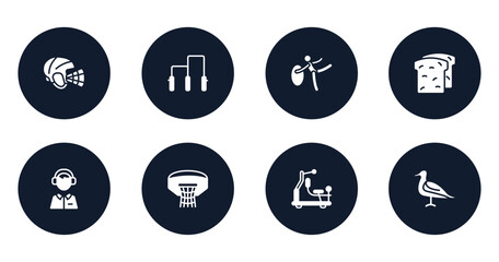 surf filled icons set. flat filled icons sheet included hockey helmet, gym bars, rhythmic gymnastics, whole wheat bread, sport commentor, basketball hoop, gym station, seagulls vector.