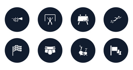 rewards filled icons set. flat filled icons sheet included ets, goalie, buck, free flying, race flag, jockstrap, stationary bicycle, red flag vector.