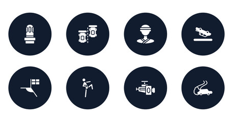 racing filled icons set. flat filled icons sheet included led strobe, parade lap, judoka, blowover, football flag, ritual, horsepower, drifting vector.