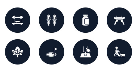 soccer filled icons set. flat filled icons sheet included bench press, shin, energy bar, pommel horse, m leaf, birdie, rugby goal, farming and gardening vector.