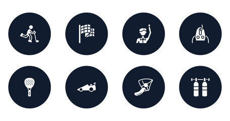 diving filled icons set. flat filled icons sheet included bowman, victory lap, committee, sheave, padel, drag racing, hang glider, gas cilinder vector.