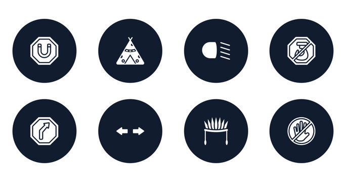 safety filled icons set. flat filled icons sheet included magnet, native american wigwam, low beam, no hoist, right reverse bend, turn, indian headdress, not touch vector.