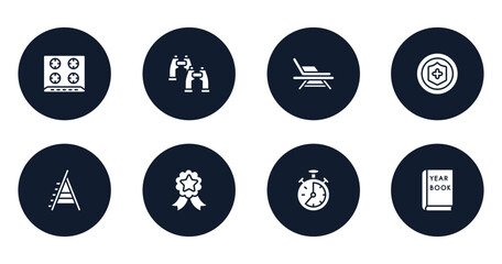 general filled icons set. flat filled icons sheet included hob, pair of binoculars, deckchair, insurance with a button, stepladder, winning, analog stopwatch, yearbook vector.