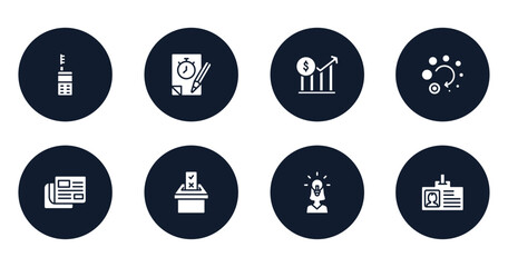 general filled icons set. flat filled icons sheet included laser measurement, quiz, stock prices, loading, news feed, referendum, team leader, user data vector.