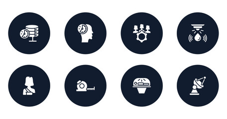 general filled icons set. flat filled icons sheet included real time data, patience, project team, water sensor, shoulder immobilizer, tape measure, solarium, satellite antenna vector.