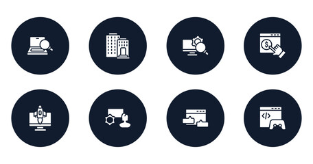 marketing and seo filled icons set. flat filled icons sheet included optimizer, federal bank, monitoring system, monetizing, rocket launch monitor, marketing seminar, blog commenting, game