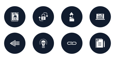 digital marketing filled icons set. flat filled icons sheet included encrpyted file, lock, upload folder, online graph, left dots arrow, ecological lightbulb, link, copywriting vector.