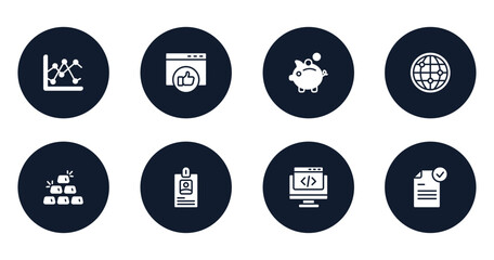 marketing and seo filled icons set. flat filled icons sheet included two lines chart, favorite web, pig bank, big globe, six gold bars, long id card, webcode, file submit vector.