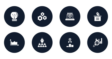 business and charts filled icons set. flat filled icons sheet included lightbulb gross, wheel with cogs, digital finance, manual voting, area chart, seminar, competitive, search stats vector.