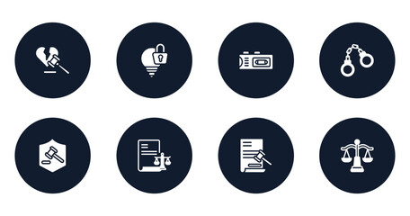 law and justice filled icons set. flat filled icons sheet included divorce, intellectual property, recorder, criminal law, defense, corporative law, documents, balance vector.