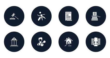 law and justice filled icons set. flat filled icons sheet included gavel, corpse, death certificate, stenographer, court, criminal, property and finance, prisoner vector.