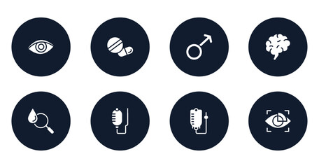 medical icons filled icons set. flat filled icons sheet included eye closeup, medical pill, female, human brain, blood analysis, health drip, drip bag, eye scanner medical vector.