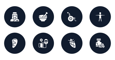 in the hospital filled icons set. flat filled icons sheet included nurse, medicines bowl, wheelchair, women, human ear shape, blood pressure control tool, heart organ, s vector.