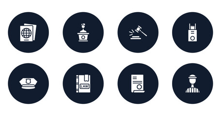 law and justice filled icons set. flat filled icons sheet included immigration, counsel, case closed, electroshock weapon, police cap, law book, contract law, prisioner vector.