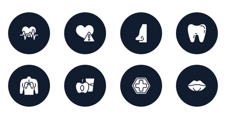 dentist filled icons set. flat filled icons sheet included heart frequency, disease, male e shape of a line, tooth, human with focus on the lungs, diet for health, red cross, female mouth lips