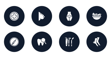 body parts filled icons set. flat filled icons sheet included hospital medical, bosom, female hips and waist, vegetarian diet, drug abuse, zoom on tooth, dentist tools, tiptoe feet vector.