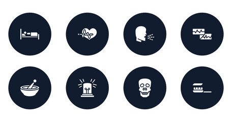 medical icons filled icons set. flat filled icons sheet included illness on bed, heart beats lifeline in a heart, unhealthy medical condition, electrocardiogram report, phary, emergency light, human