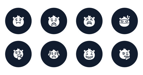 emoji filled icons set. flat filled icons sheet included nauseated emoji, scared emoji, tired ninja curious worried stress suspicious vector. © VectorStockDesign
