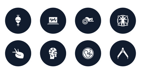 in the library filled icons set. flat filled icons sheet included separating funnel, electrocardiogram, chariot, vitruvian man, organ, artificial, embryo, divider vector.