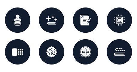 Fototapeta premium in the library filled icons set. flat filled icons sheet included fee, spell, as, microprocessor, gauze, ovule, hospital, bookworm vector.