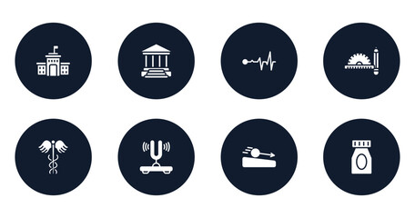 science filled icons set. flat filled icons sheet included high school, academy, life line, drawing tools, caduceus, tuning fork, acceleration, medication vector.