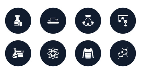 laboratory filled icons set. flat filled icons sheet included pill jar, friction, pendulum, pulley, science book, protons, sweatshirt, chemical bond vector.