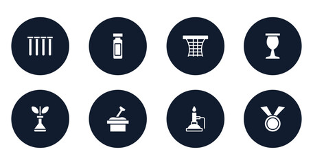 learning filled icons set. flat filled icons sheet included tubes, reusable bottle, basketball gear, sports and competition, biological, sandbox, bunsen burner, medals vector.