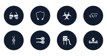 literature filled icons set. flat filled icons sheet included testing glasses, jump rope, hazard, equation, genetic, badminton, children park, fort vector.