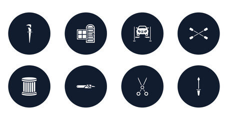 toolbox filled icons set. flat filled icons sheet included adjustable spanner, door and window, car lift, lug wrench, oil filter, sharp chainsaw, shears, garage screwdriver vector.