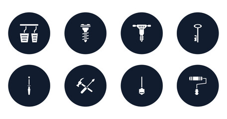 toolbox filled icons set. flat filled icons sheet included accelerator, screw, hydraulic breaker, antique key, repair screwdriver, repair tools cross, working shovel, painter roller vector.