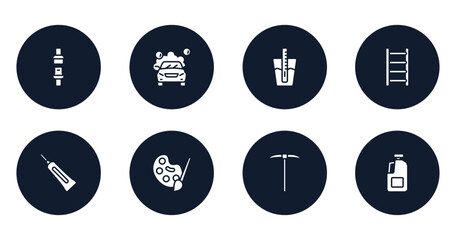 toolbox filled icons set. flat filled icons sheet included seat belt, car wash, tester, ladder thin, caulk, pallete, gardening digger, gallon oil vector.
