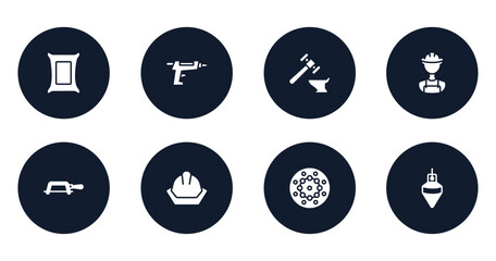 carpentry filled icons set. flat filled icons sheet included cement, glue gun, blacksmith, construction worker, fretsaw, head protection, beadwork, plumb bob vector.