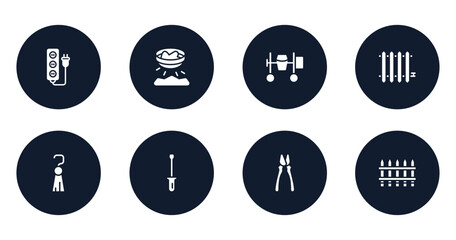 construction filled icons set. flat filled icons sheet included extension cord, panning, cement mixer, radiator, tassel, screwdrivers, clamps, fences vector.