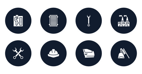 toolbox filled icons set. flat filled icons sheet included automatic transmission, air filter, repair wrench, wastes, double wrench, utensils, car door, dustpan and brush vector.