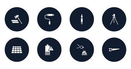 tools filled icons set. flat filled icons sheet included lumberjack, painted, voltage indicator, geodetic, tiles, empty battery, furnace, hacksaw vector.