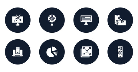 devices filled icons set. flat filled icons sheet included pencil and brush crossed, cooling fan, monitor with text, rotate screen, smartphone and laptop, pie charts, full screen, remote vector.
