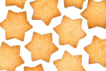 Texture of cookies in the shape of a star on a white background. Lots of shortbread biscuits isolated on a white background.