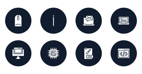 programming line craft filled icons set. flat filled icons sheet included intosh mouse, pencil, message on laptop, laptop with text, , cpu processor, psd file, css code vector.