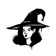 Urban style graffiti wich in a big hat sprayed with leak and splashes monochrome. Vector hand drawn textured illustration on white background for banner, decoration, street art, halloween eps 10