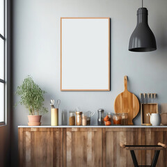 Mock up poster frame in kitchen interior, farmhouse style, blank kitchen wall art frame mockup for wall decor, wooden counter and grey wall, contemporary cozy kitchen inside design. generative ai