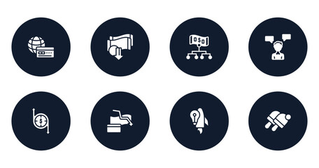 coworking space filled icons set. flat filled icons sheet included payment method, devaluation, hierarchy structure, consult, transfering, bankrupt, start up, vector.