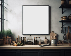 Kitchen wall art mockup for wall decor, blank mock up poster picture frame in dark kitchen interior, wooden counter and grey wall, black frame, vintage rustic style, cozy kitchen design. generative ai